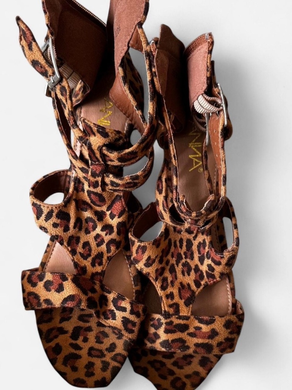 ANNA leopard print faux suede strappy heels, size 10